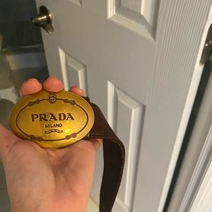 Prada Women Belt 85 Brown Gold Hardware AUTHENTIC